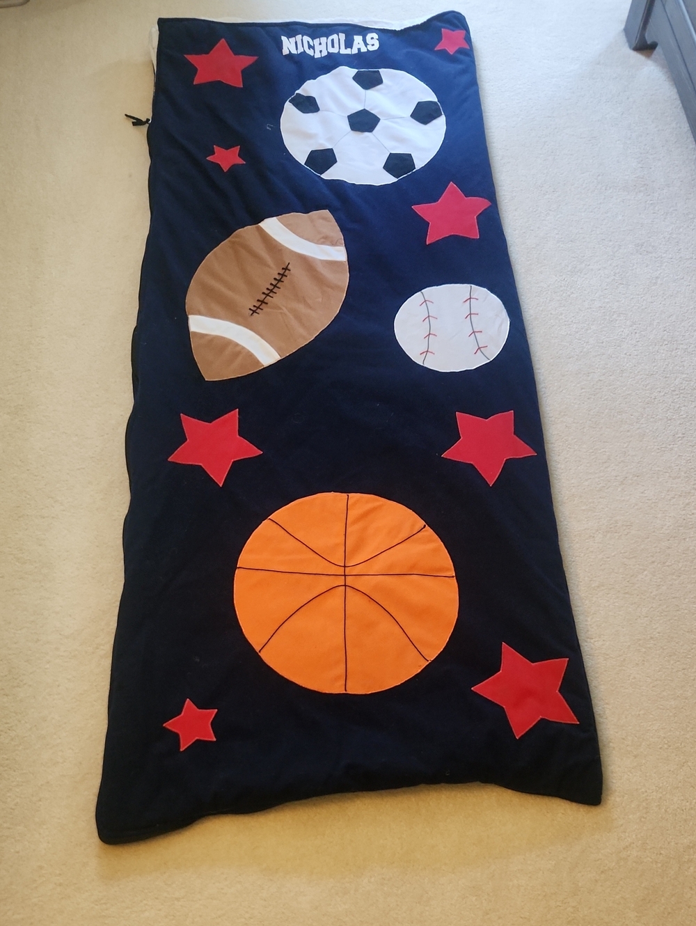 Personalized Sports Themed Sleeping Bag - Black with Orange & Red Accents